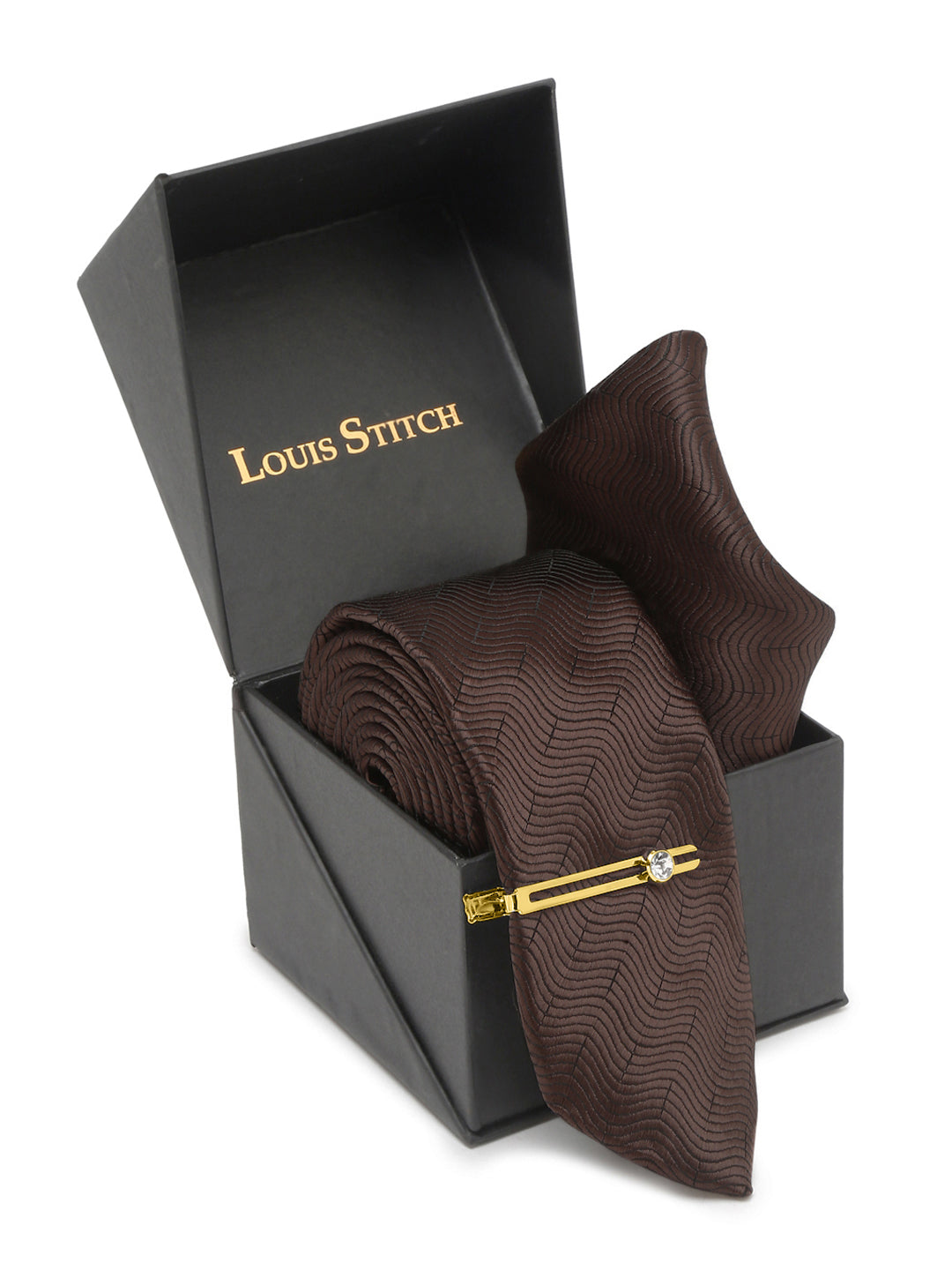 Van Dyke Brown Italian Silk Necktie Set Pocket Square Golden Tiepin