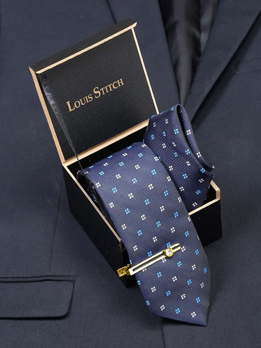 Floaral Printed Blue Luxury Italian Silk Necktie Set With Pocket Square Gold Tie pin