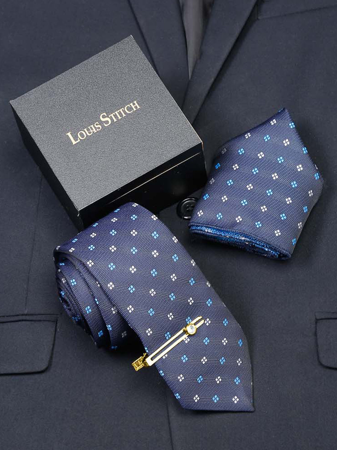 Floaral Printed Blue Luxury Italian Silk Necktie Set With Pocket Square Gold Tie pin