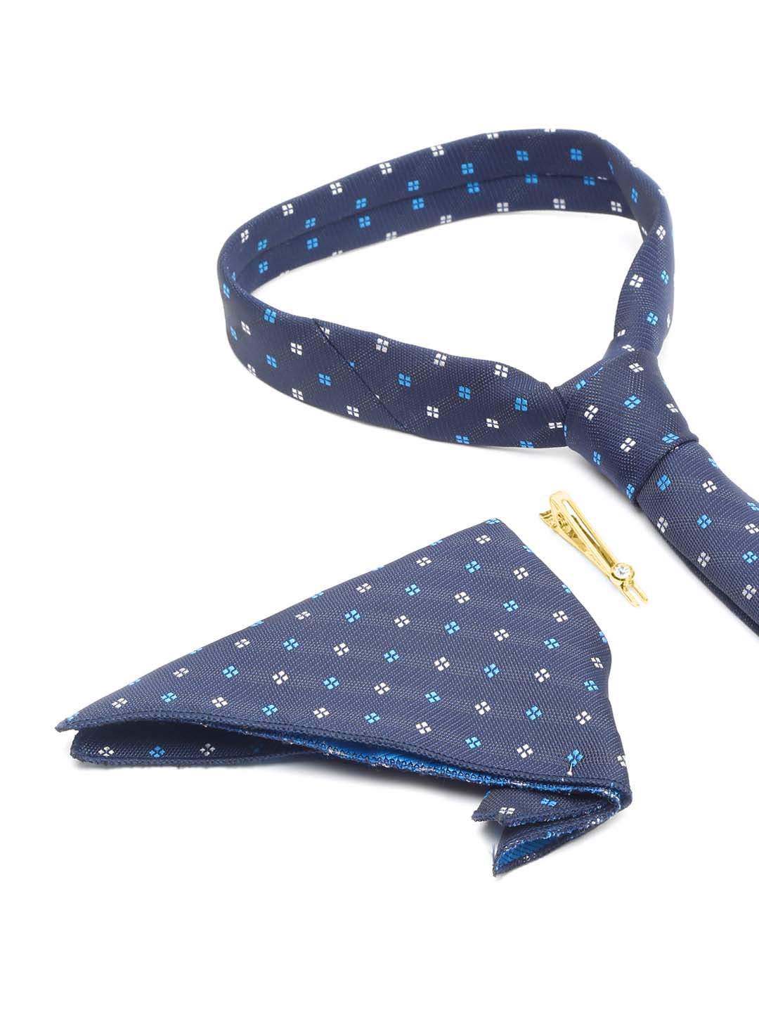Floaral Printed Blue Luxury Italian Silk Necktie Set With Pocket Square Gold Tie pin