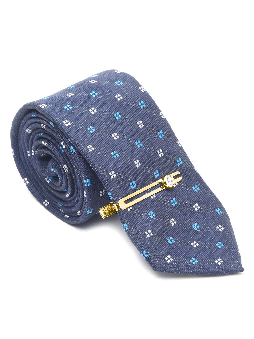 Floaral Printed Blue Luxury Italian Silk Necktie Set With Pocket Square Gold Tie pin