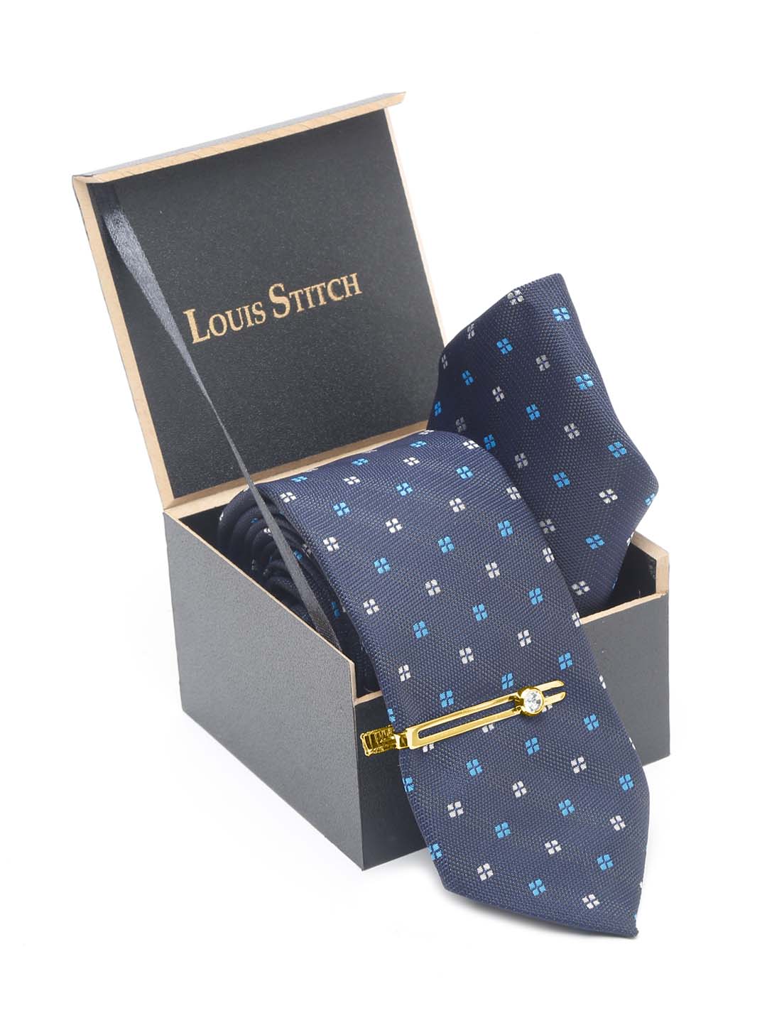 Floaral Printed Blue Luxury Italian Silk Necktie Set With Pocket Square Gold Tie pin