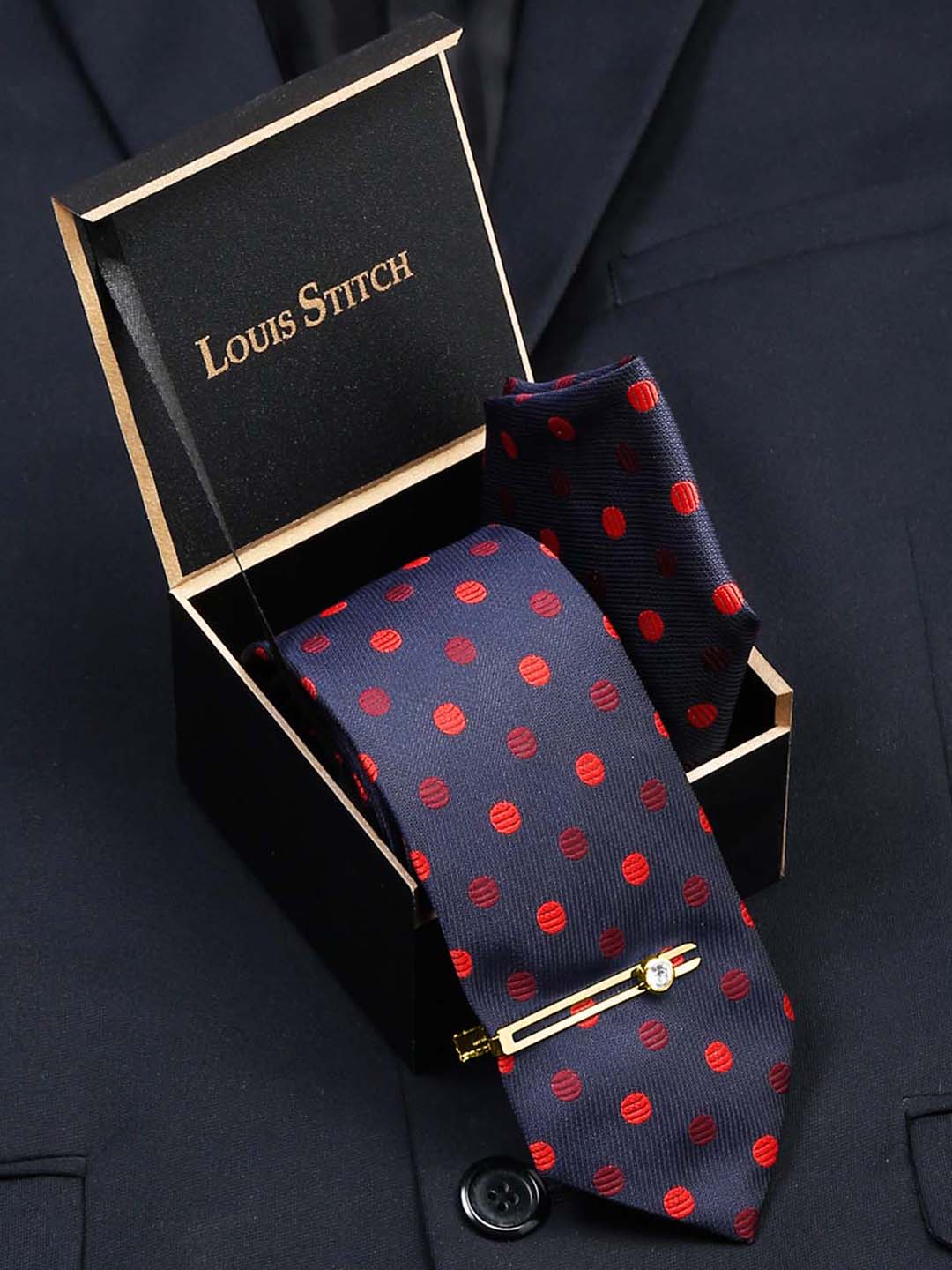 Polka Blue Luxury Italian Silk Necktie Set With Pocket Square Gold Tie pin
