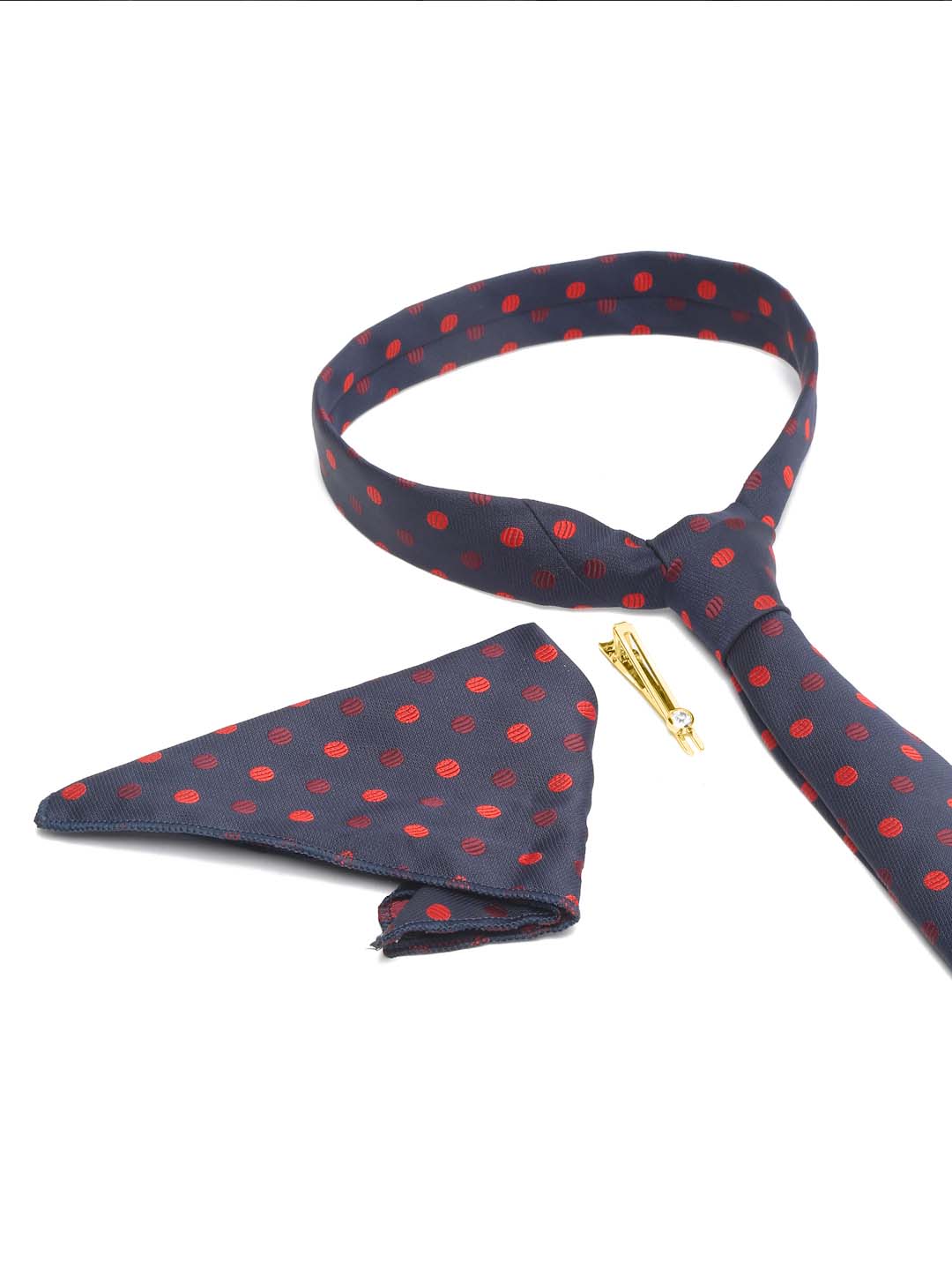 Polka Blue Luxury Italian Silk Necktie Set With Pocket Square Gold Tie pin
