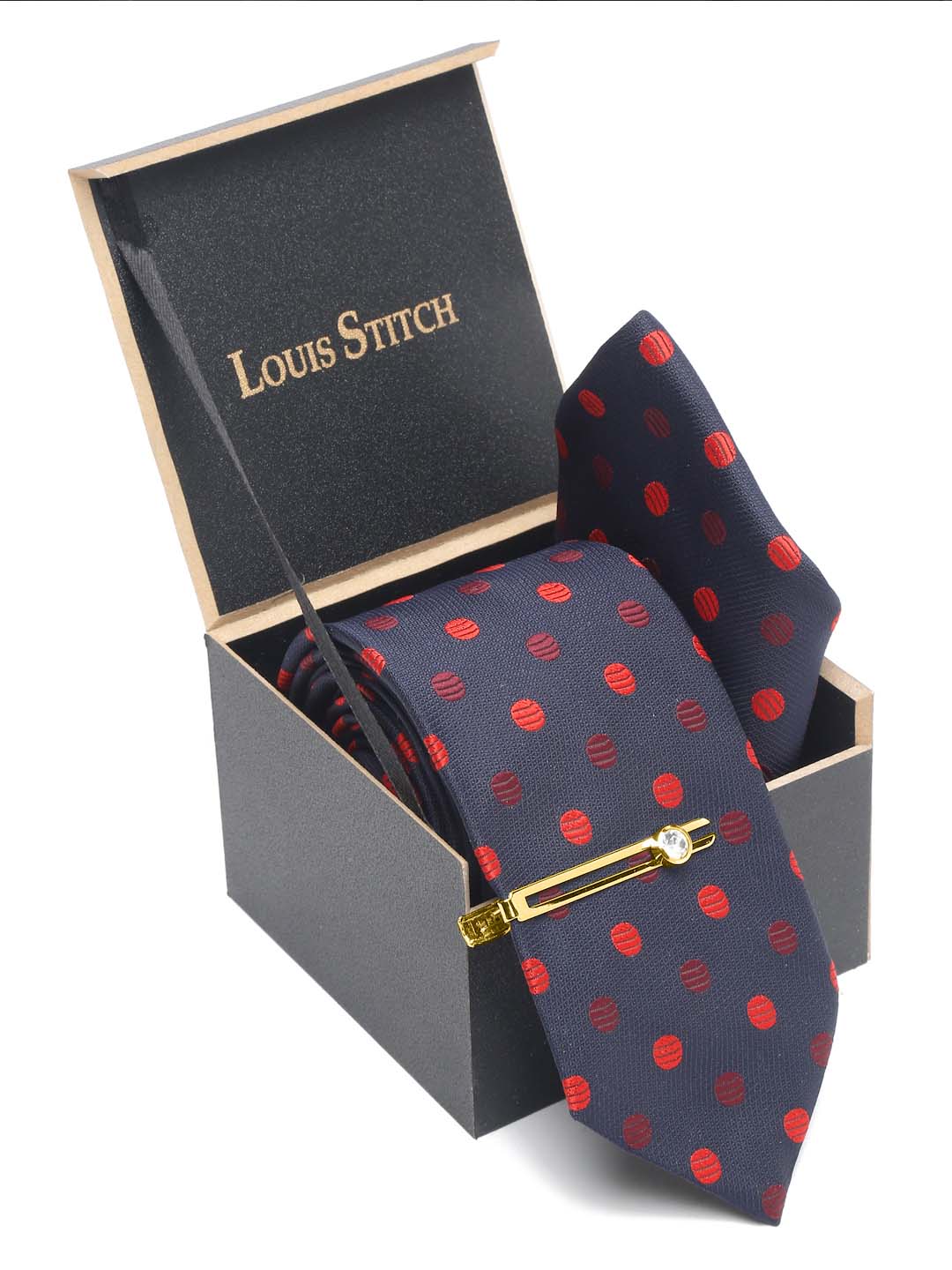 Polka Blue Luxury Italian Silk Necktie Set With Pocket Square Gold Tie pin