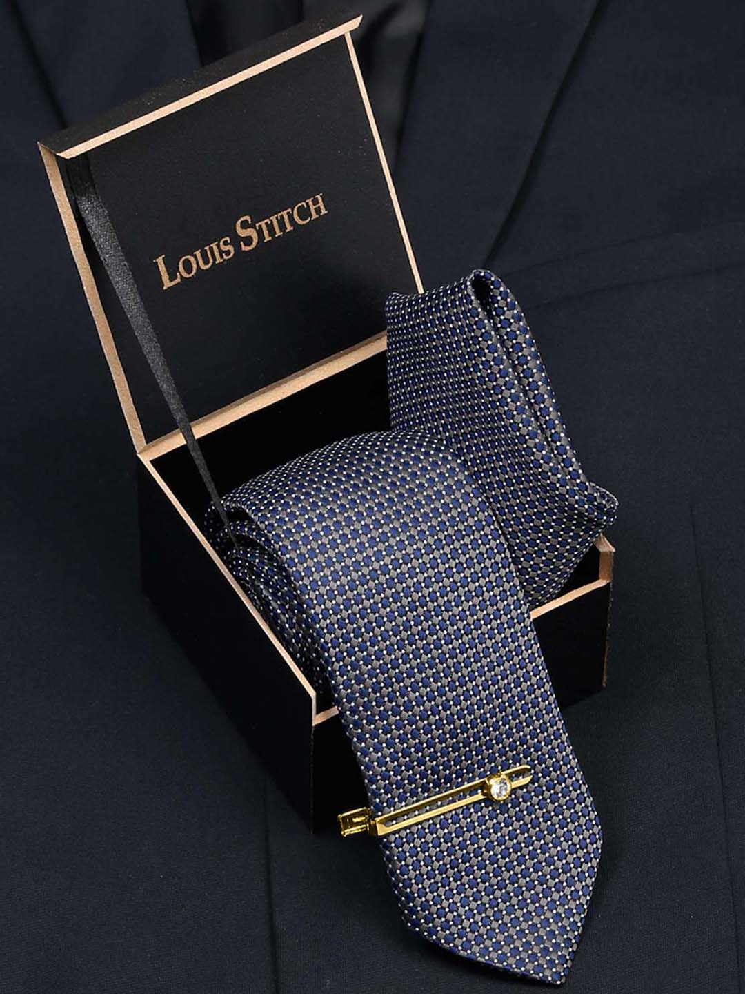 Blue Checkerd Luxury Italian Silk Necktie Set With Pocket Square Gold Tie pin