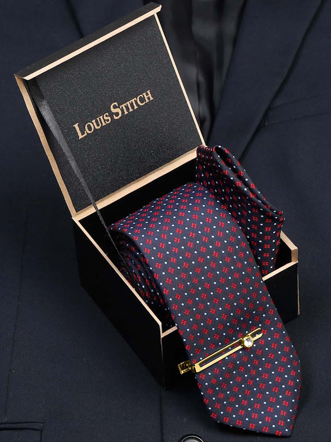 Blue Dotted Pattern Luxury Italian Silk Necktie Set With Pocket Square Gold Tie pin