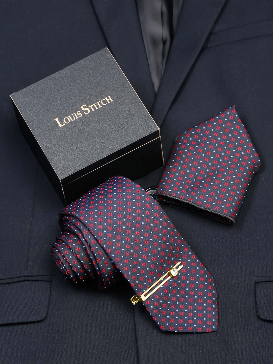 Blue Dotted Pattern Luxury Italian Silk Necktie Set With Pocket Square Gold Tie pin