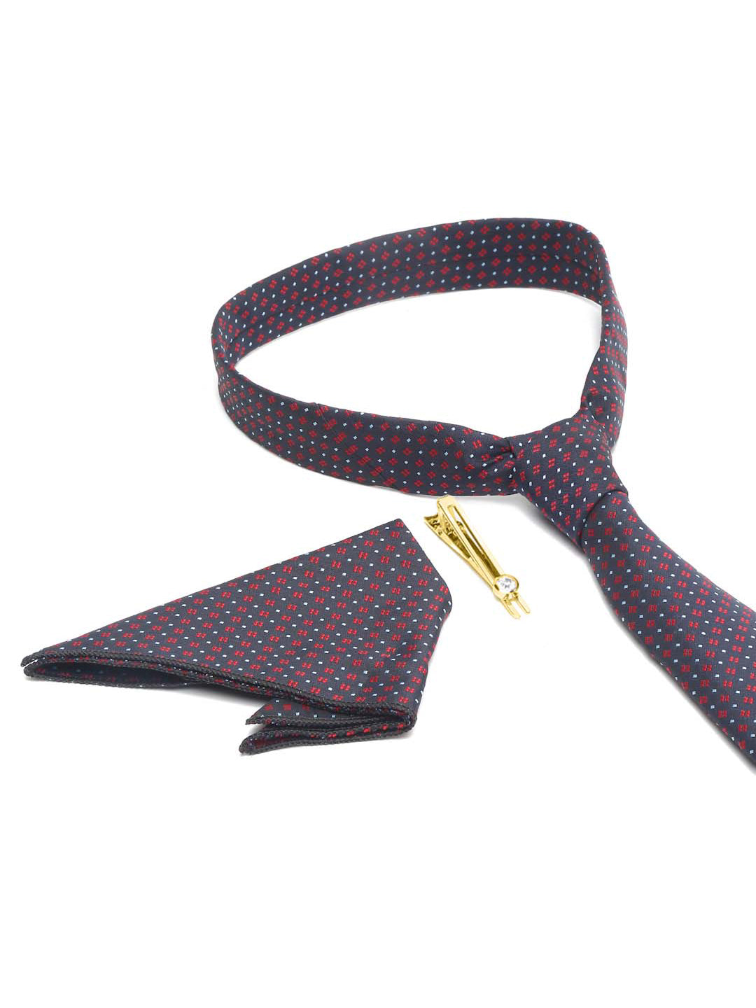 Blue Dotted Pattern Luxury Italian Silk Necktie Set With Pocket Square Gold Tie pin