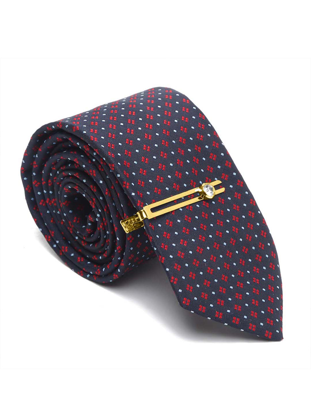 Blue Dotted Pattern Luxury Italian Silk Necktie Set With Pocket Square Gold Tie pin