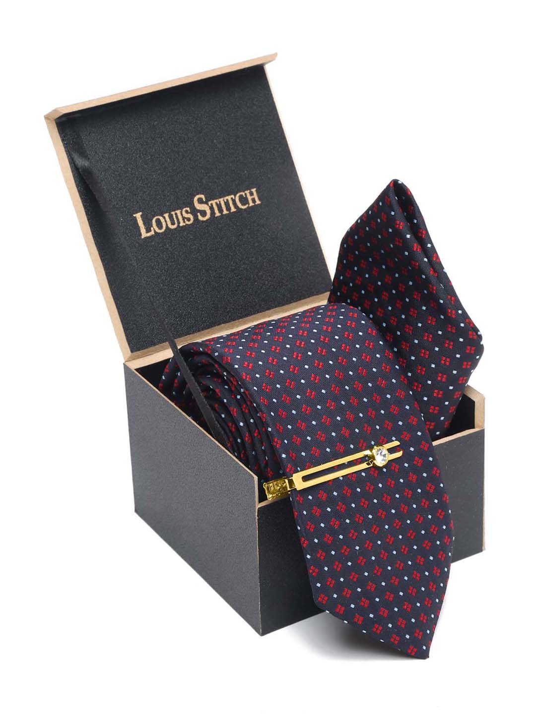 Blue Dotted Pattern Luxury Italian Silk Necktie Set With Pocket Square Gold Tie pin
