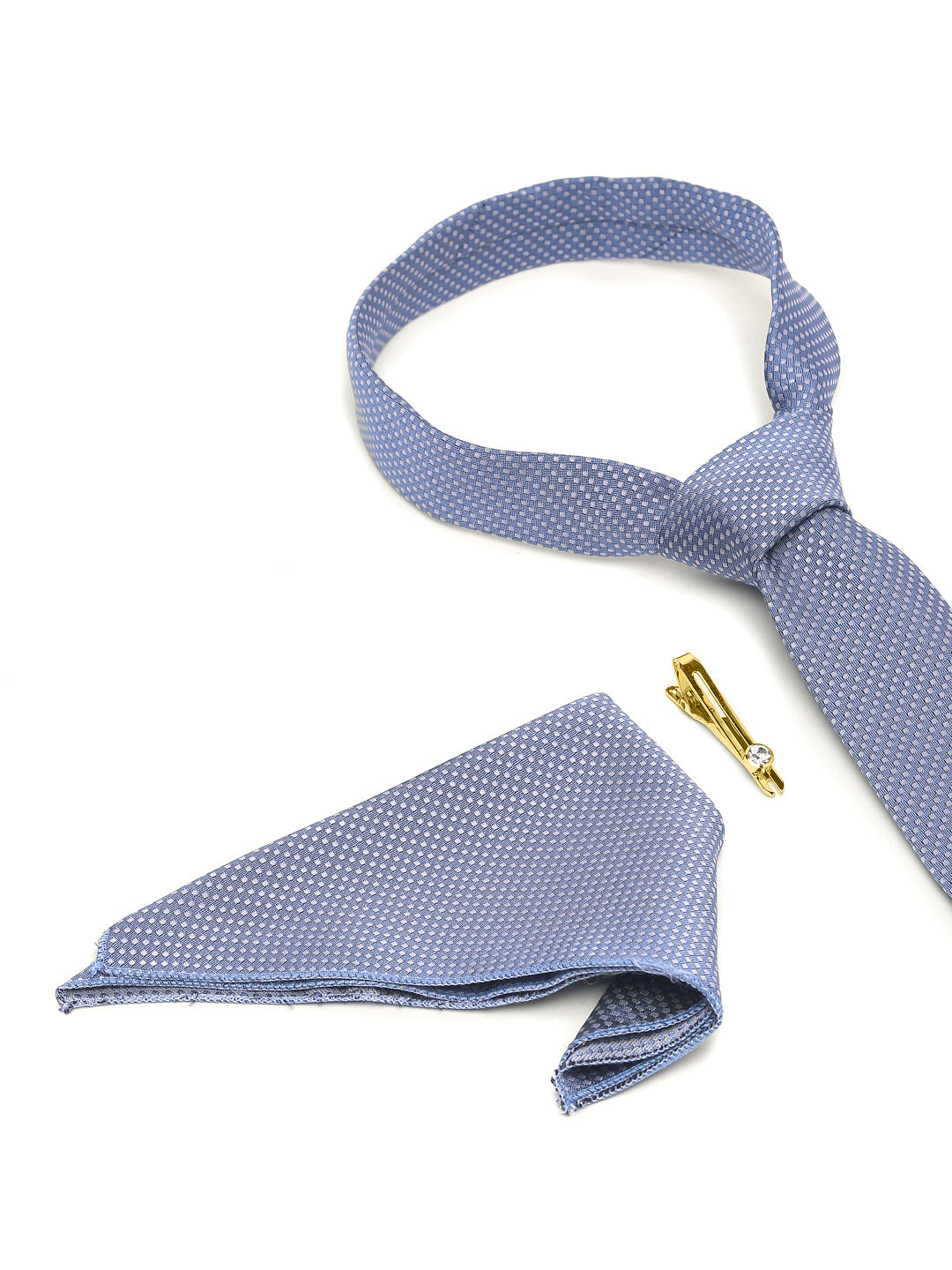 Ash Blue Luxury Italian Silk Necktie Set With Pocket Square Gold Tie pin
