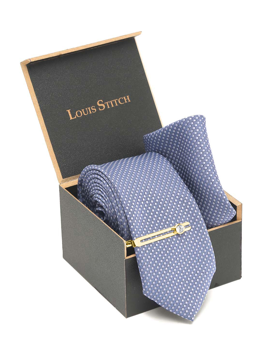 Ash Blue Luxury Italian Silk Necktie Set With Pocket Square Gold Tie pin