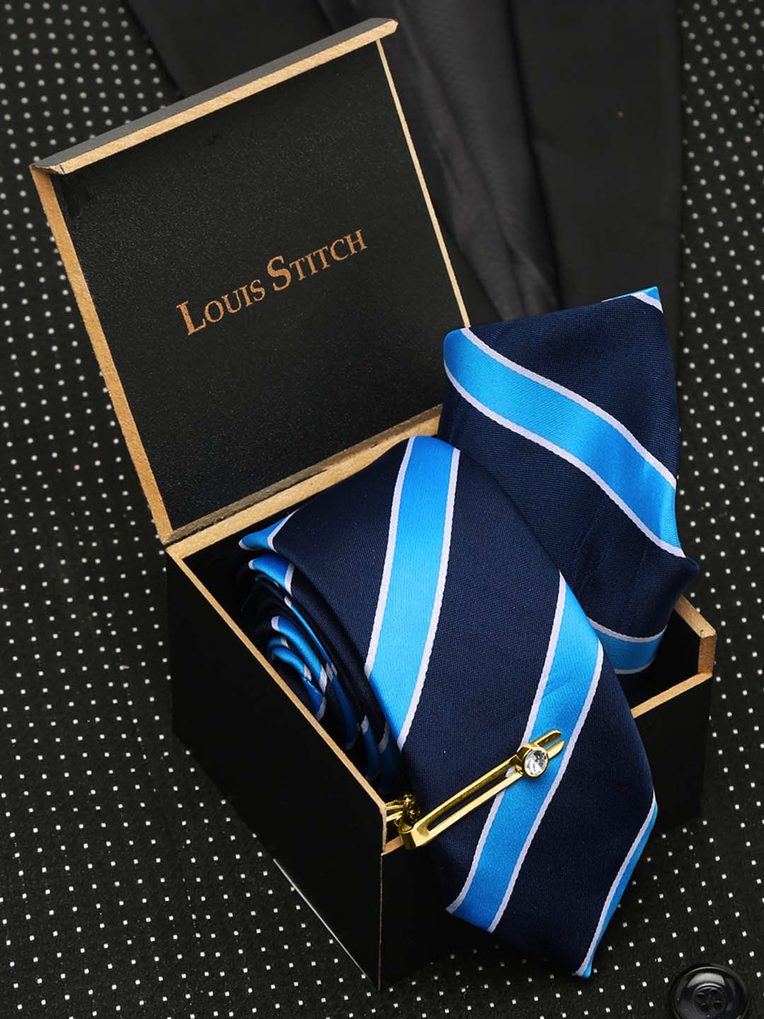 Polka Bright Blue Luxury Italian Silk Necktie Set With Pocket Square Gold Tie pin