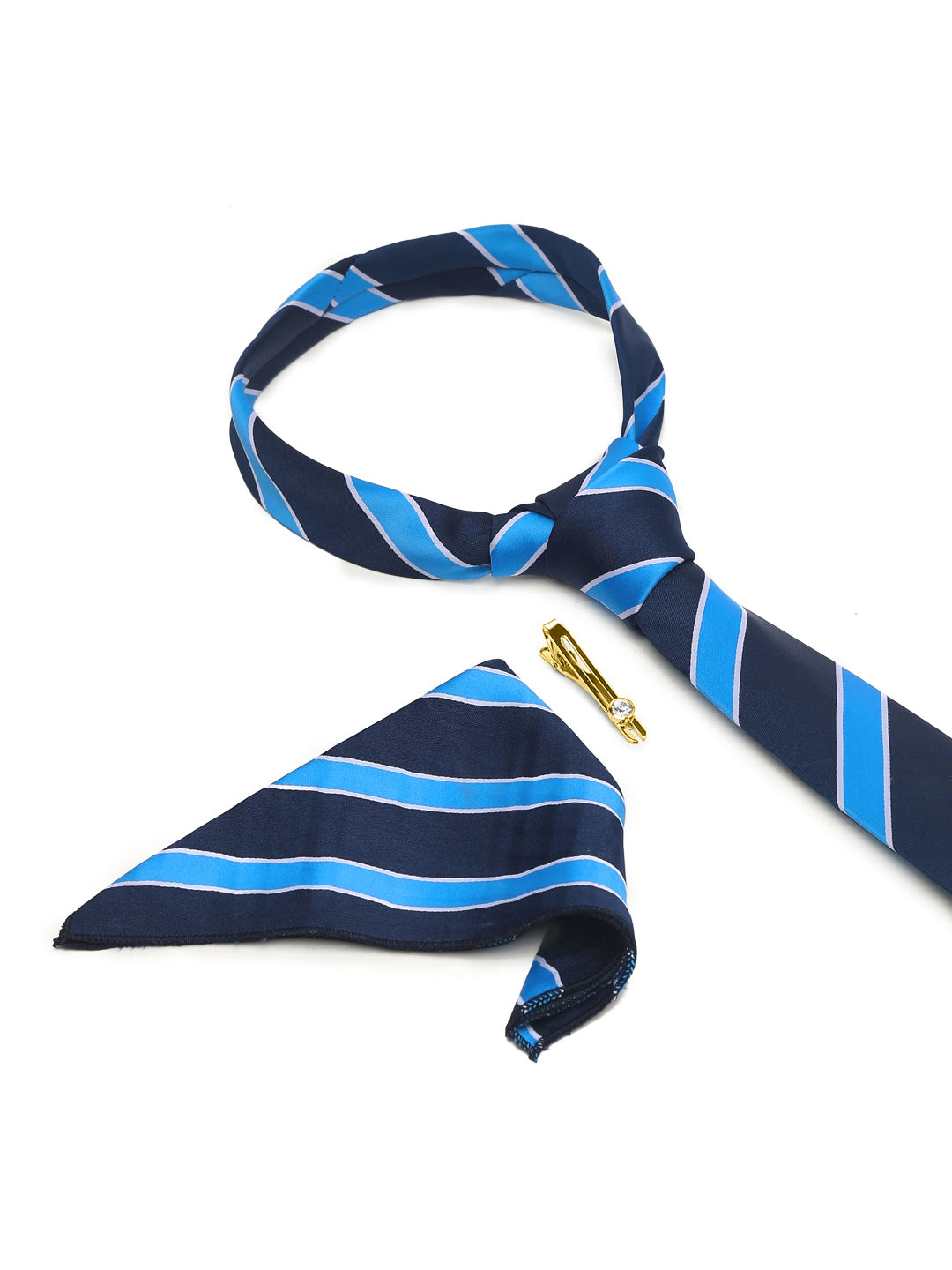 Polka Bright Blue Luxury Italian Silk Necktie Set With Pocket Square Gold Tie pin