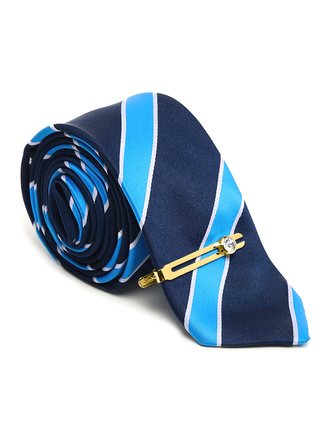 Polka Bright Blue Luxury Italian Silk Necktie Set With Pocket Square Gold Tie pin