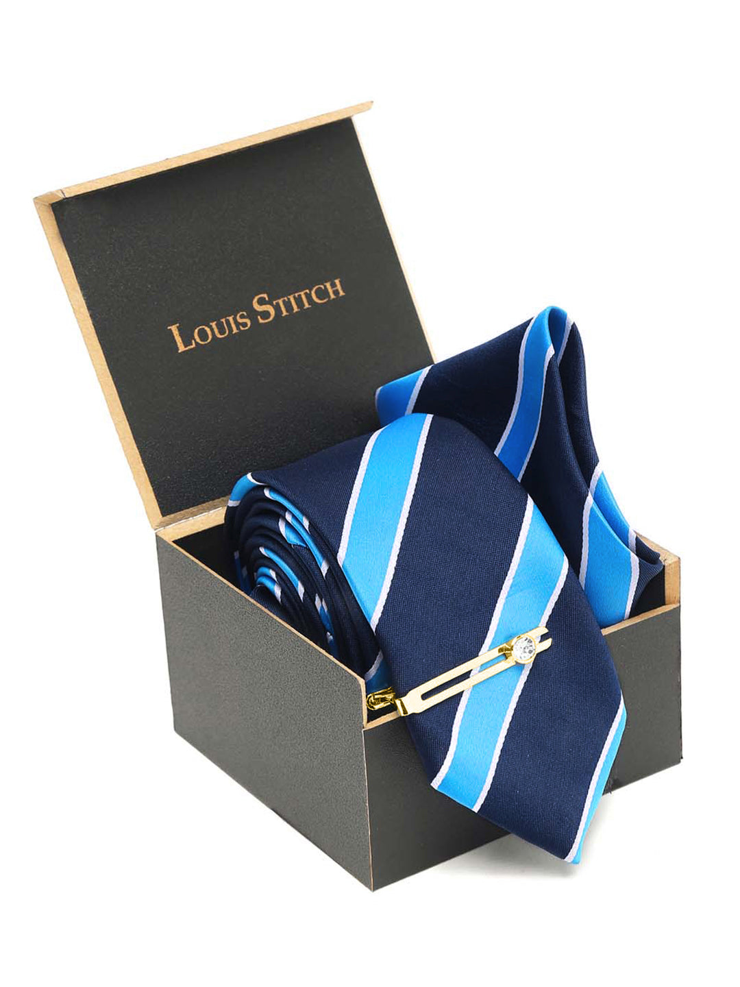 Polka Bright Blue Luxury Italian Silk Necktie Set With Pocket Square Gold Tie pin