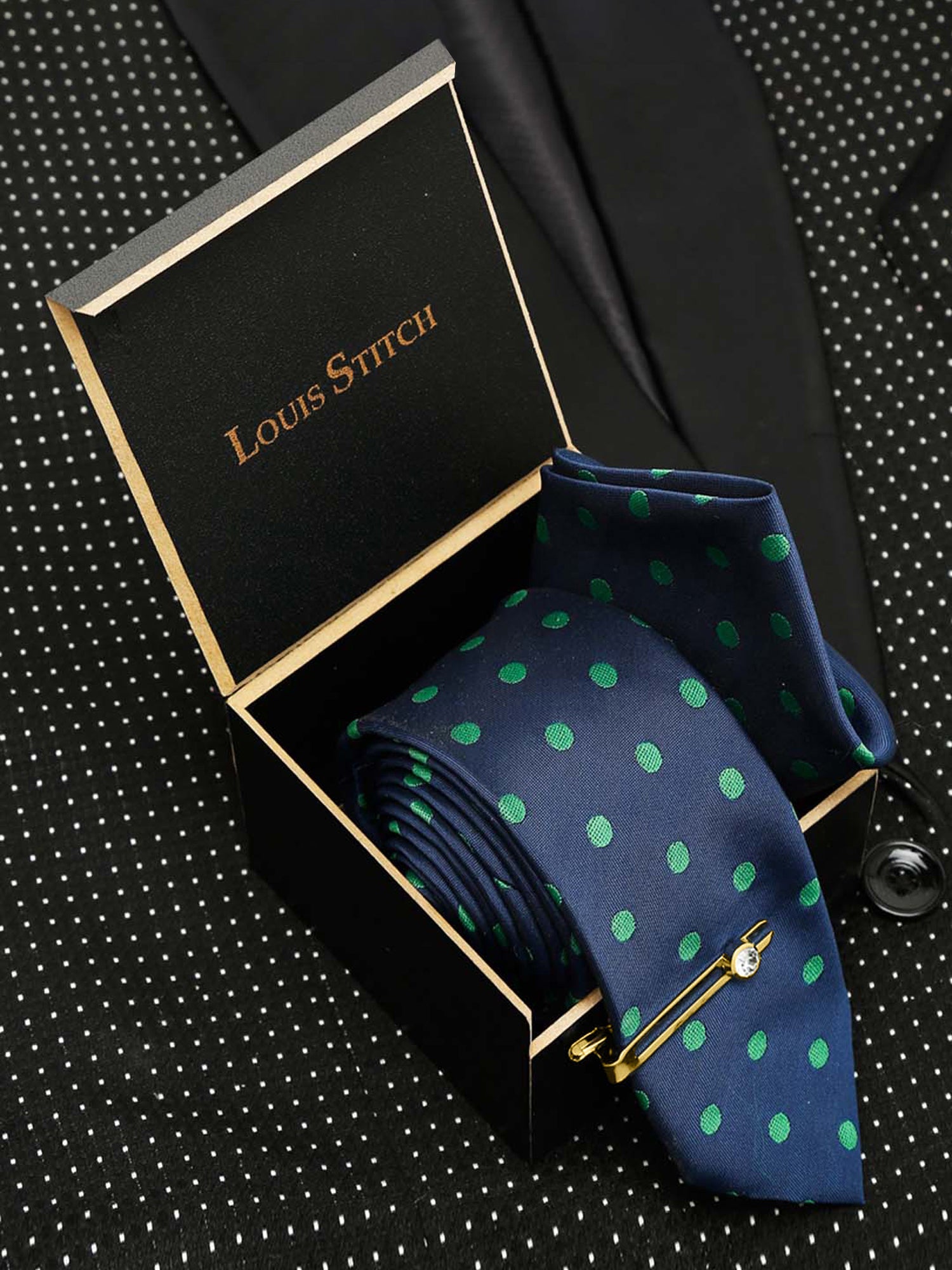 Polka Dot Blue Luxury Italian Silk Necktie Set With Pocket Square Gold Tie pin