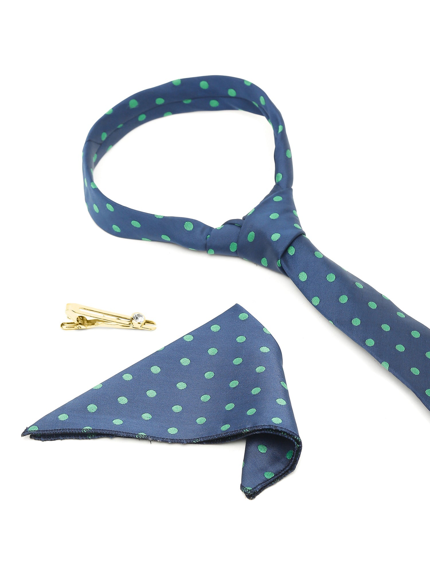 Polka Dot Blue Luxury Italian Silk Necktie Set With Pocket Square Gold Tie pin