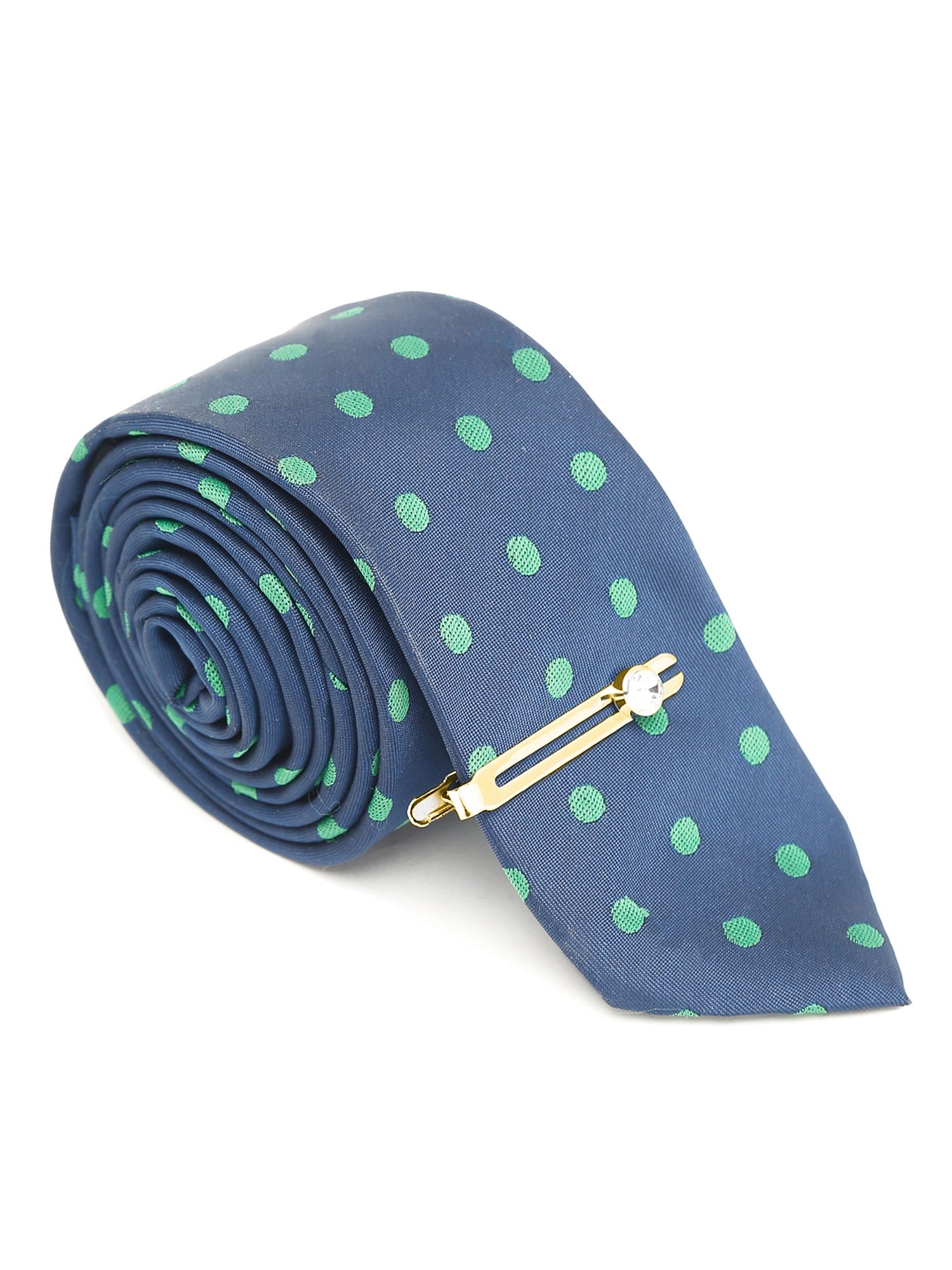 Polka Dot Blue Luxury Italian Silk Necktie Set With Pocket Square Gold Tie pin