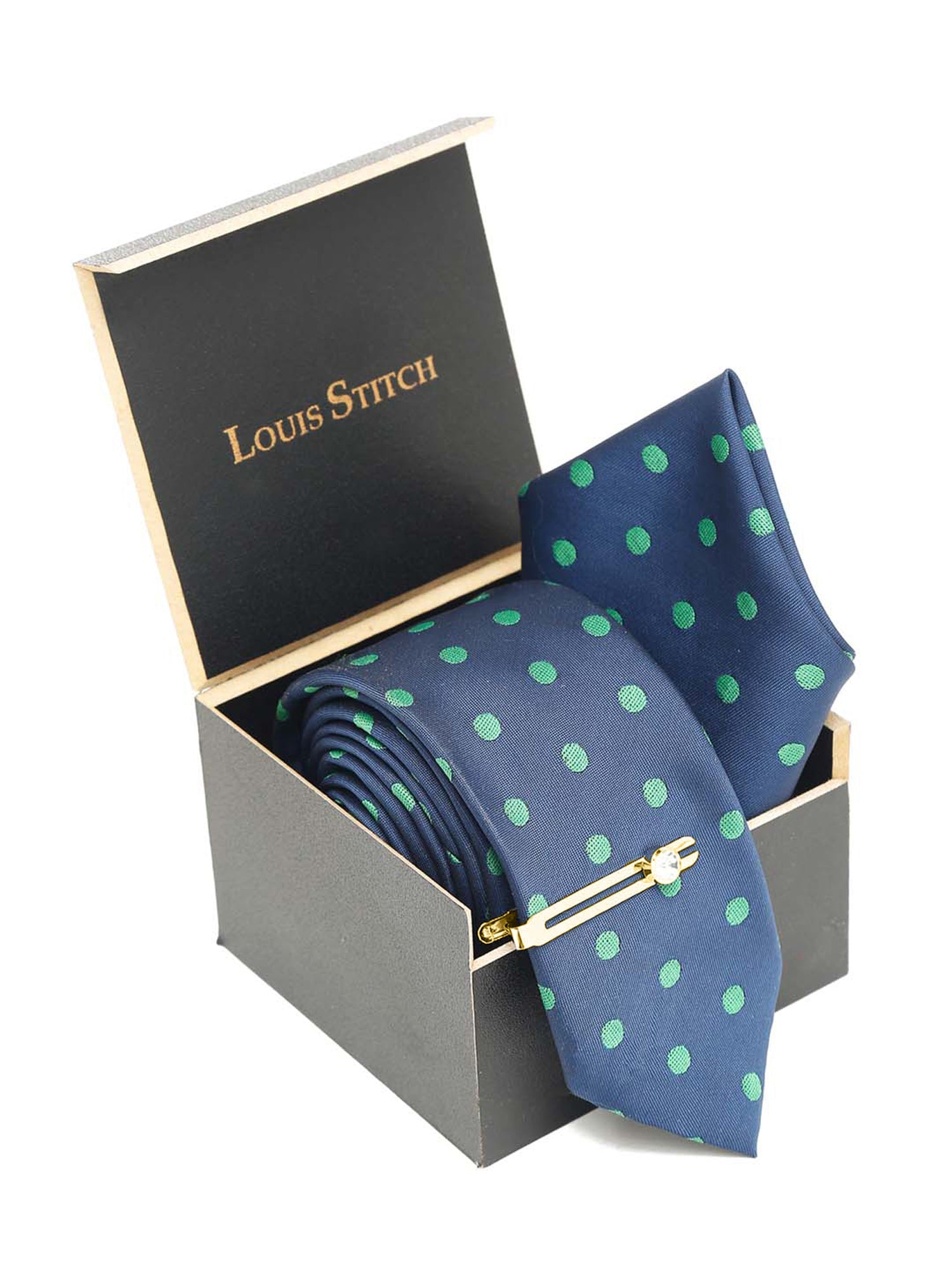 Polka Dot Blue Luxury Italian Silk Necktie Set With Pocket Square Gold Tie pin