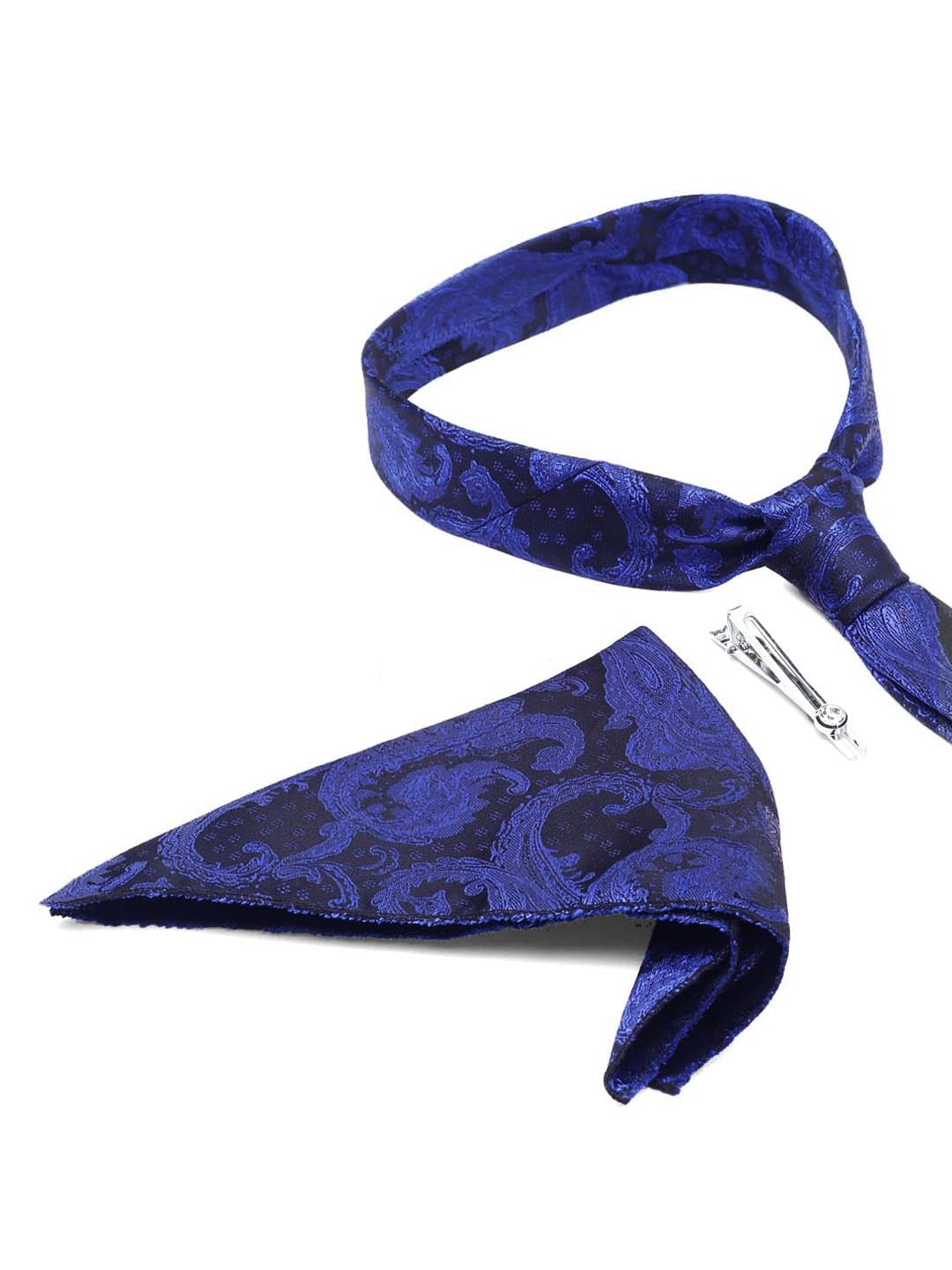 Royal Blue Luxury Italian Silk Necktie Set With Pocket Square Gold Tie pin
