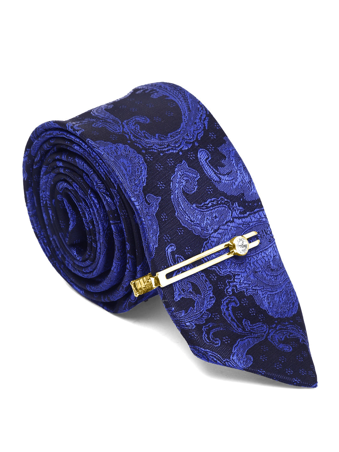 Royal Blue Luxury Italian Silk Necktie Set With Pocket Square Gold Tie pin