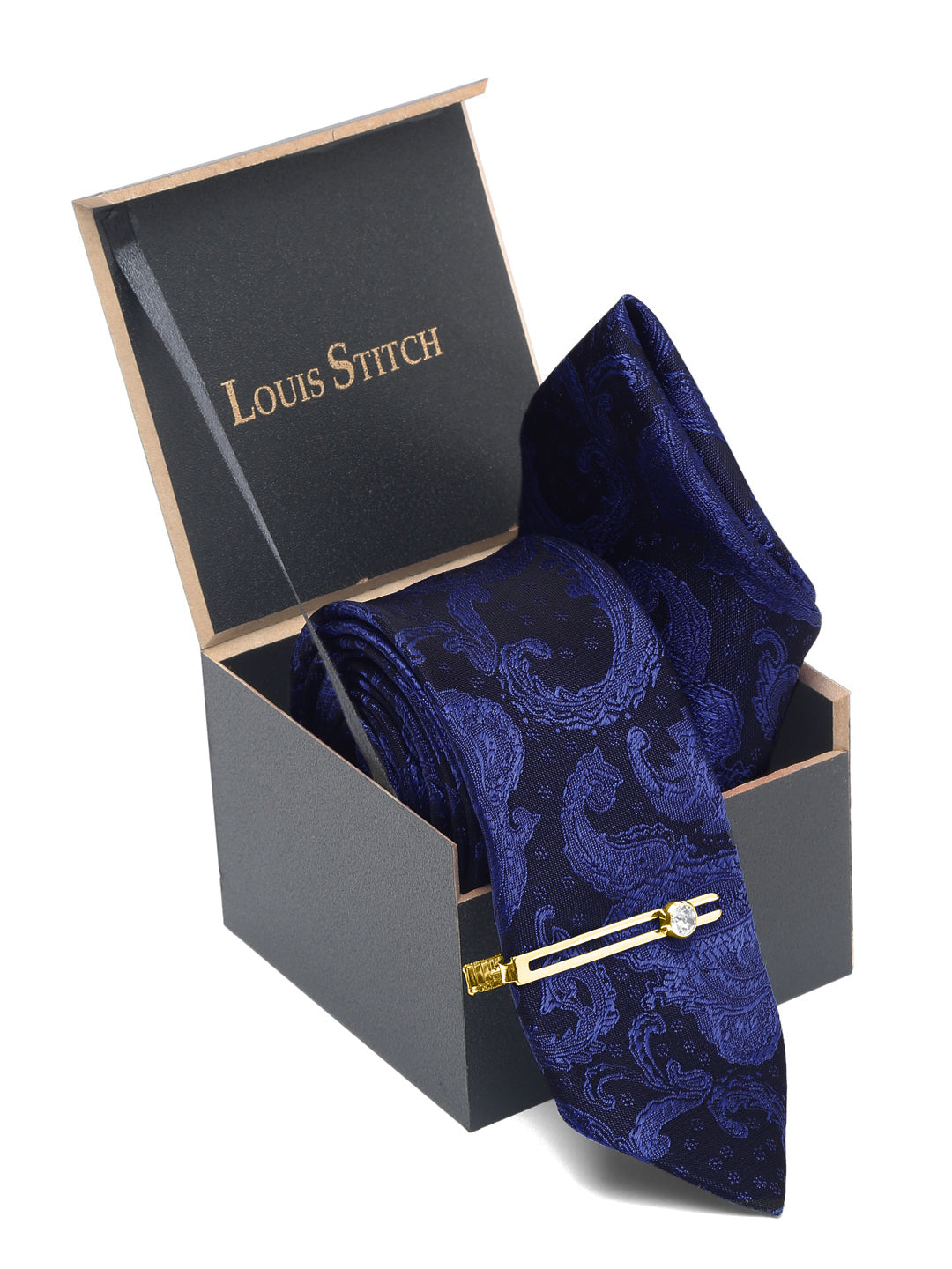 Royal Blue Luxury Italian Silk Necktie Set With Pocket Square Gold Tie pin