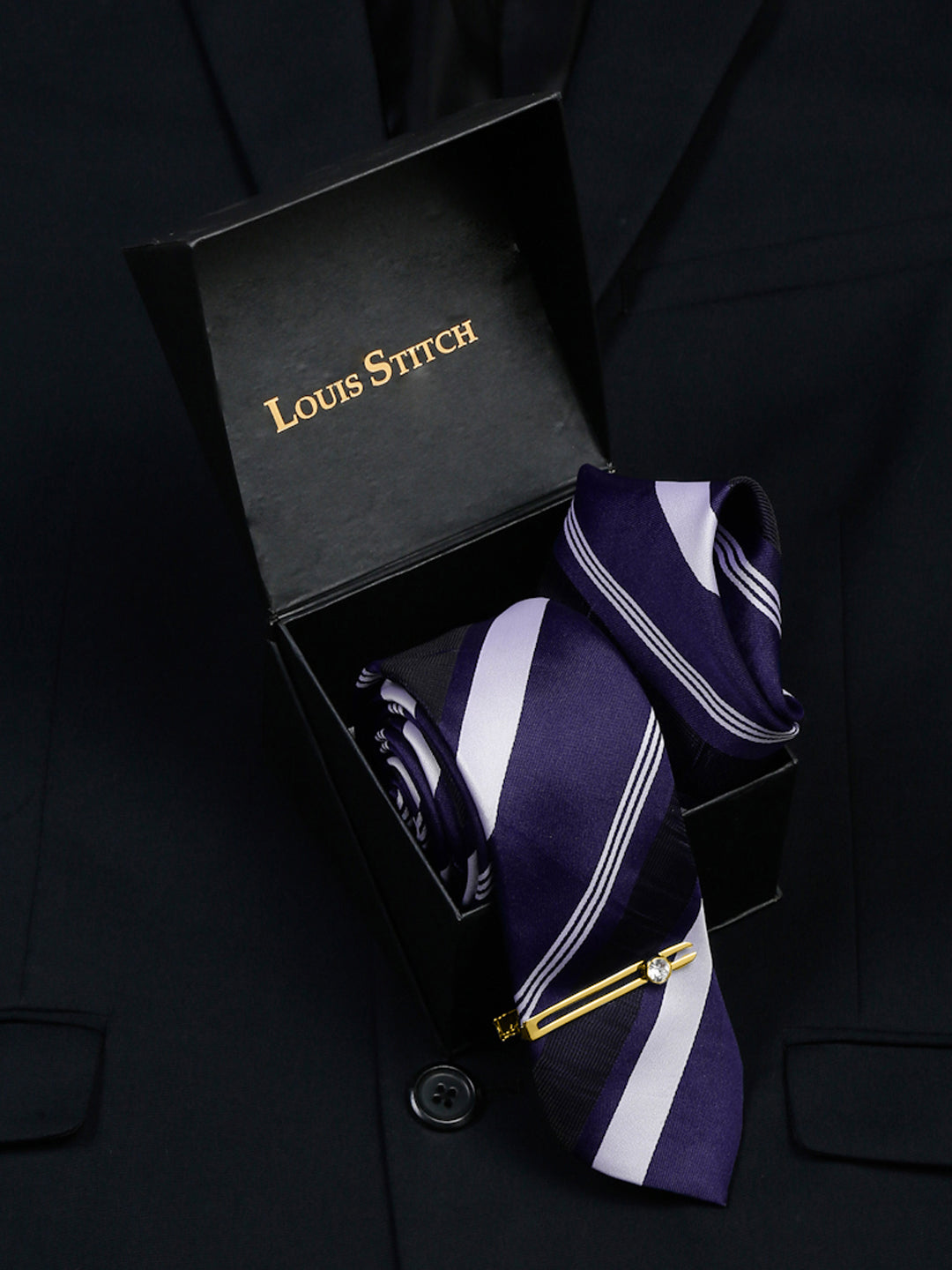 Lined Blue Stripes Luxury Italian Silk Necktie Set With Pocket Square Gold Tie pin