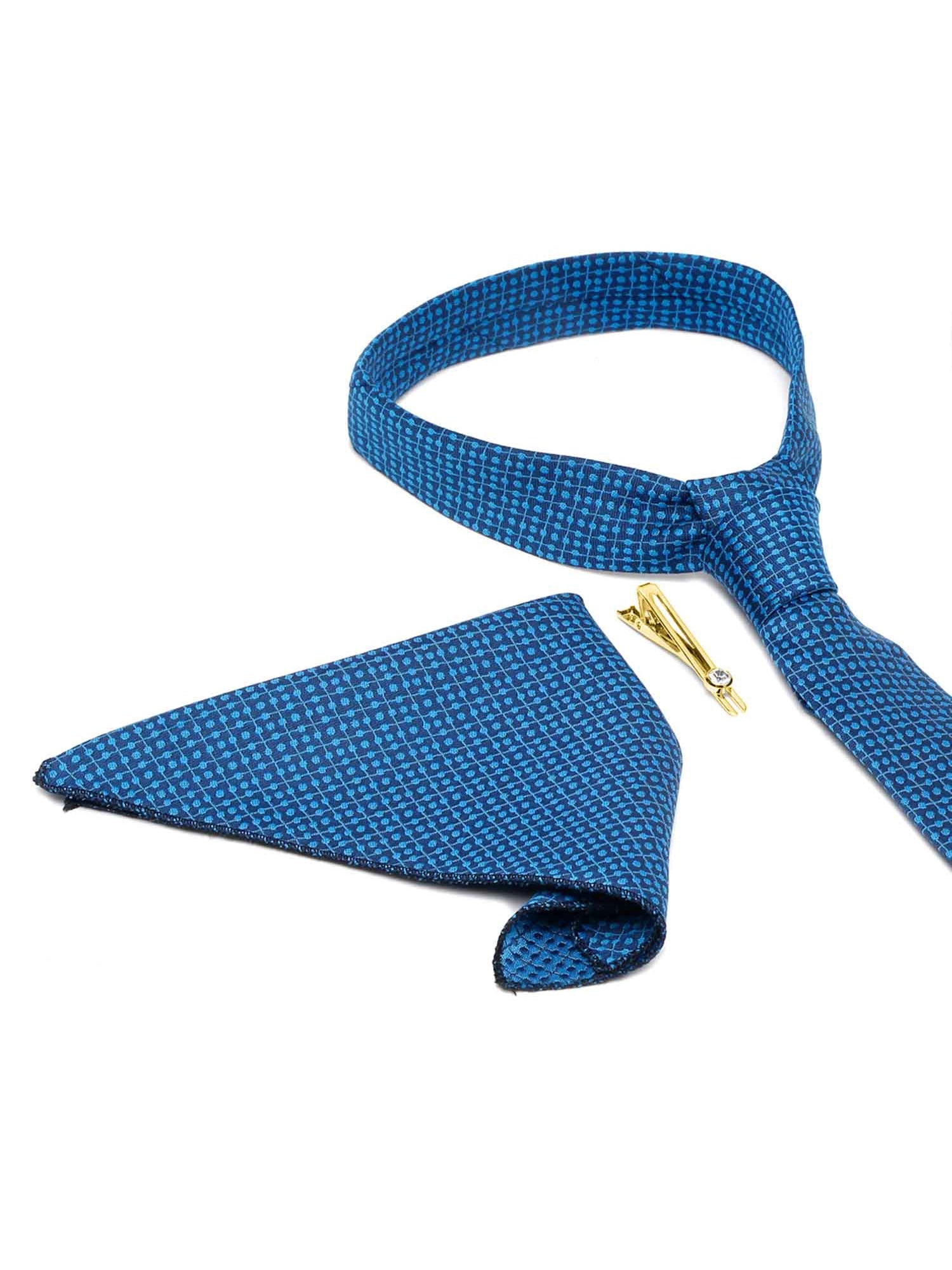 Polka Dotted Blue Luxury Italian Silk Necktie Set With Pocket Square Gold Tie pin