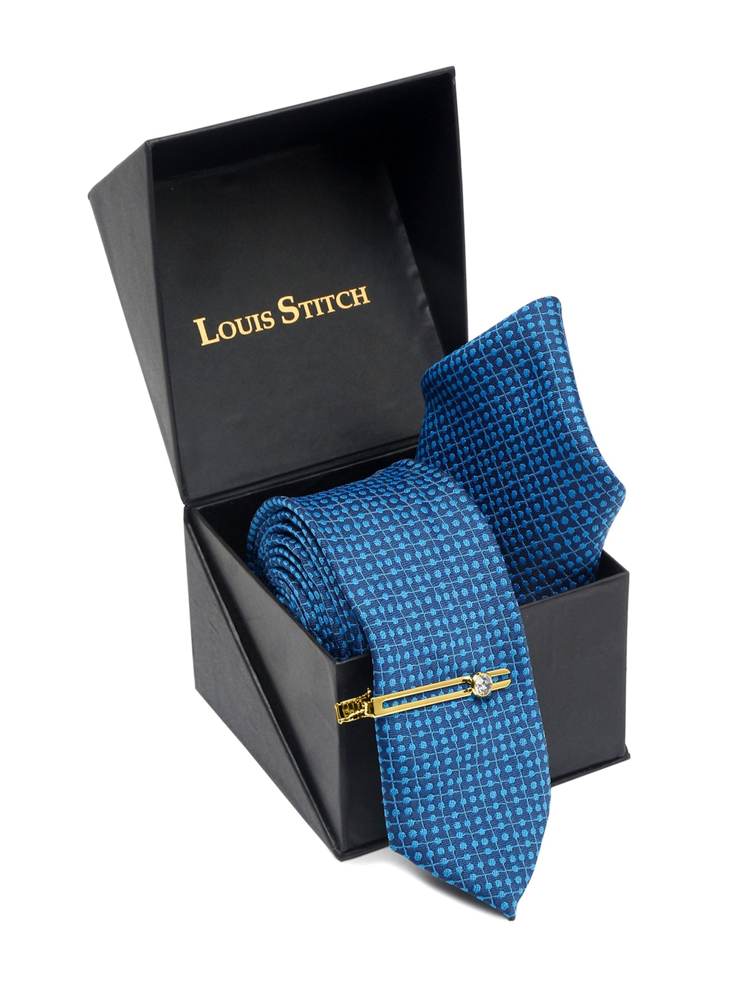 Polka Dotted Blue Luxury Italian Silk Necktie Set With Pocket Square Gold Tie pin