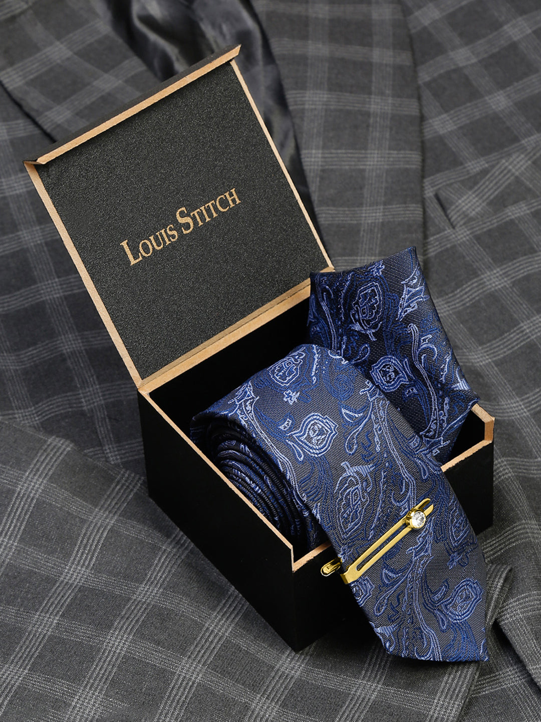 Royal Blue Luxury Italian Silk Necktie Set With Pocket Square Gold Tie pin