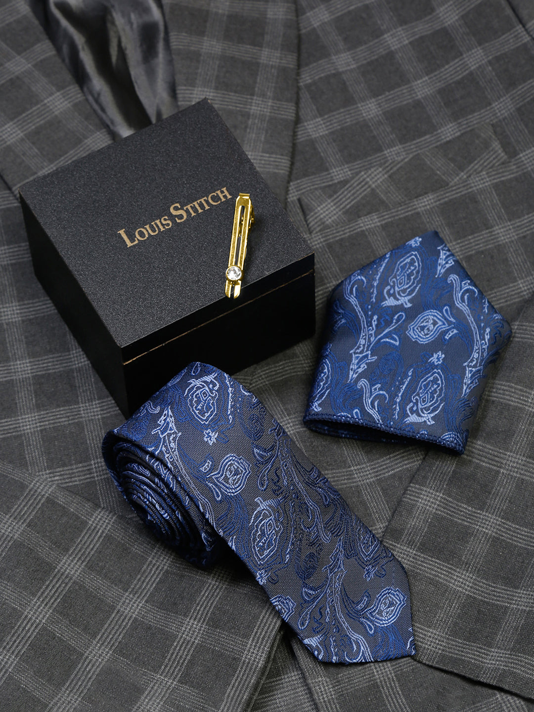 Royal Blue Luxury Italian Silk Necktie Set With Pocket Square Gold Tie pin