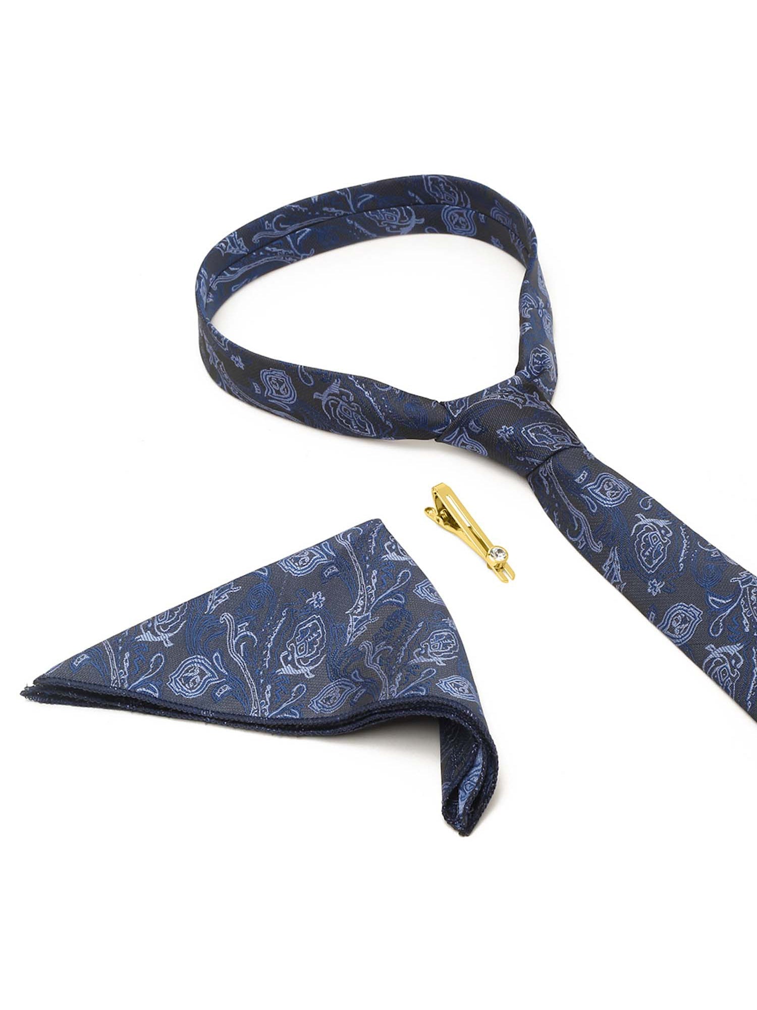 Royal Blue Luxury Italian Silk Necktie Set With Pocket Square Gold Tie pin