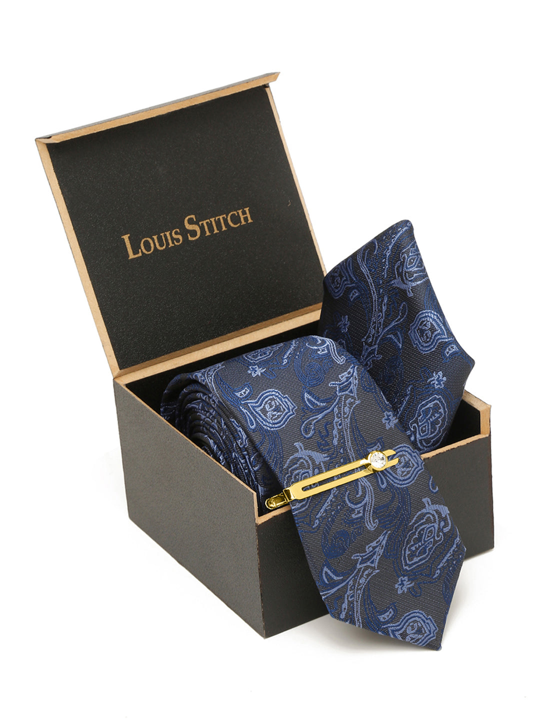 Royal Blue Luxury Italian Silk Necktie Set With Pocket Square Gold Tie pin