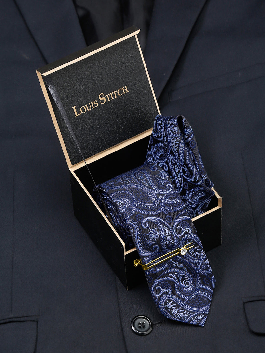 Denim Blue Luxury Italian Silk Necktie Set With Pocket Square Gold Tie pin