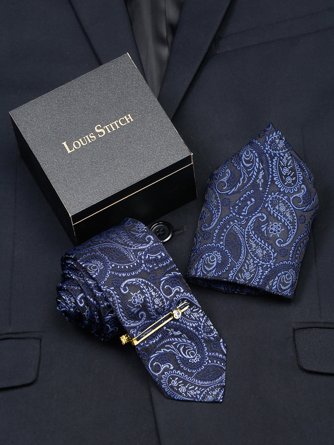 Denim Blue Luxury Italian Silk Necktie Set With Pocket Square Gold Tie pin