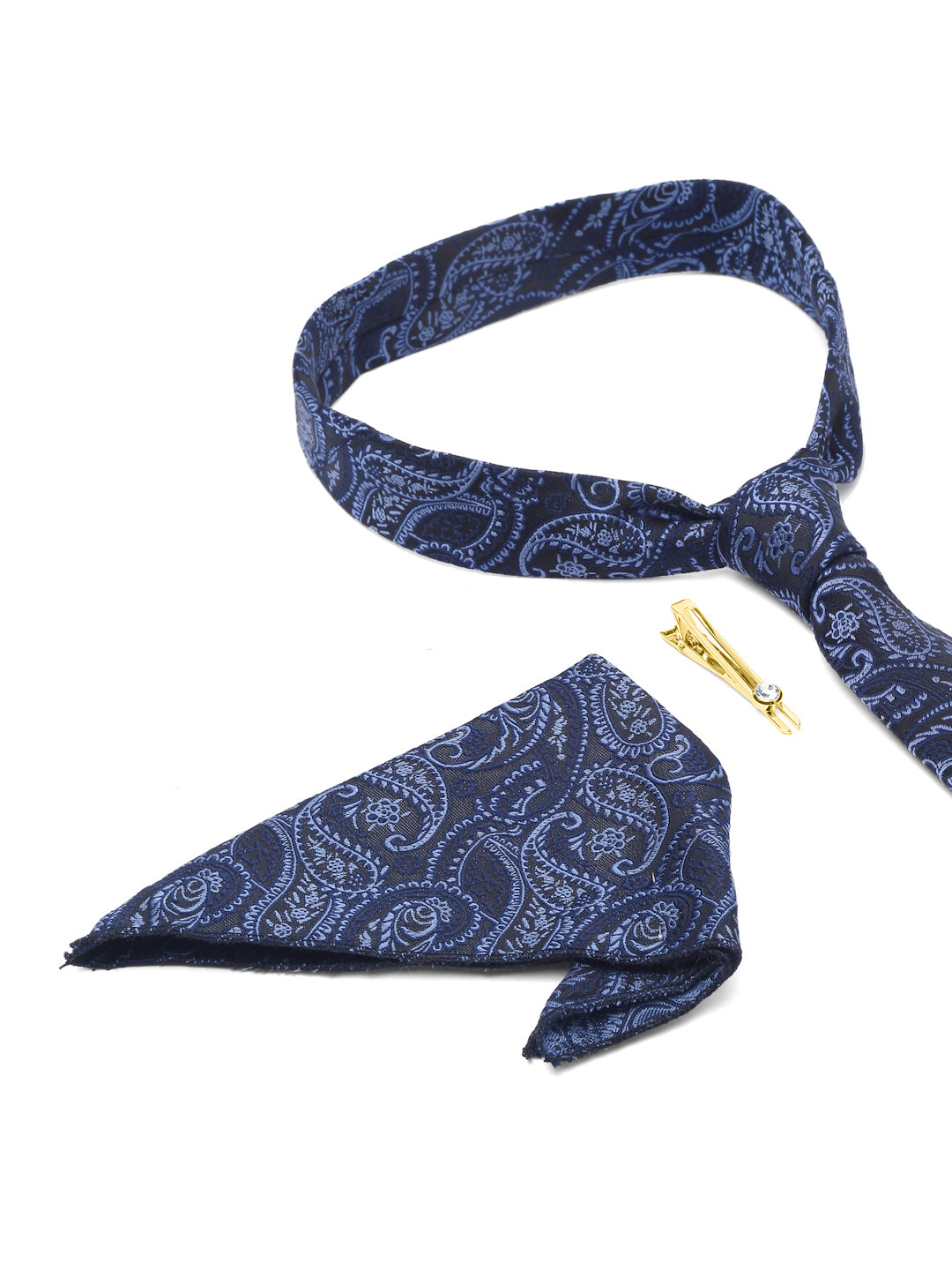 Denim Blue Luxury Italian Silk Necktie Set With Pocket Square Gold Tie pin