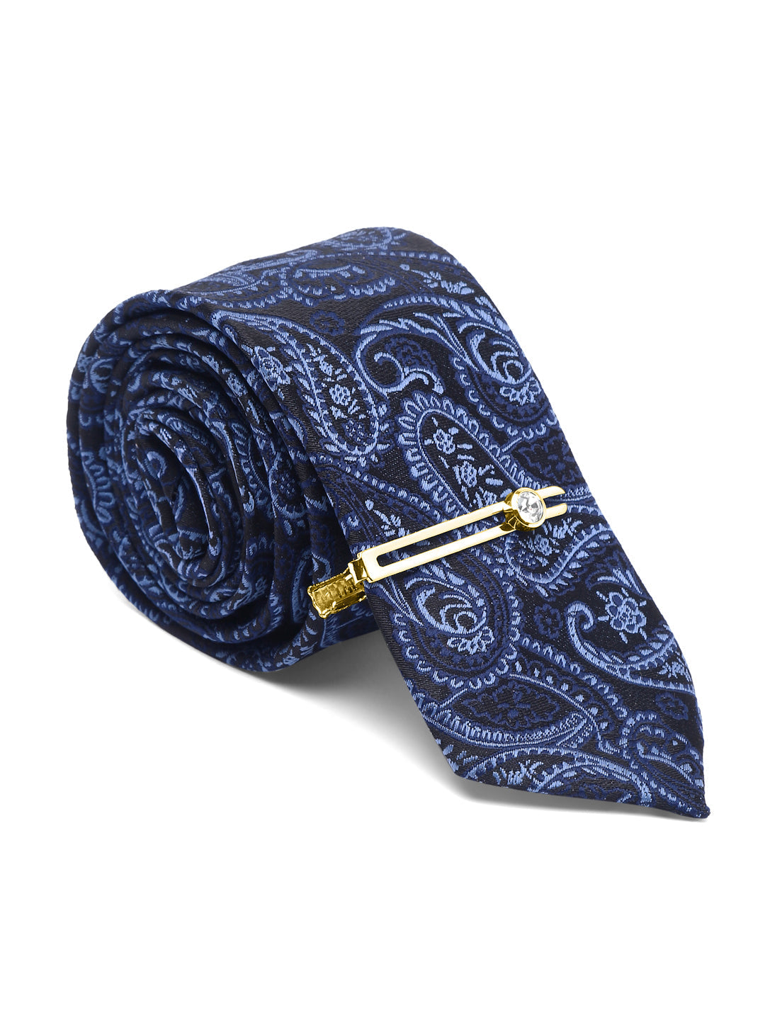 Denim Blue Luxury Italian Silk Necktie Set With Pocket Square Gold Tie pin