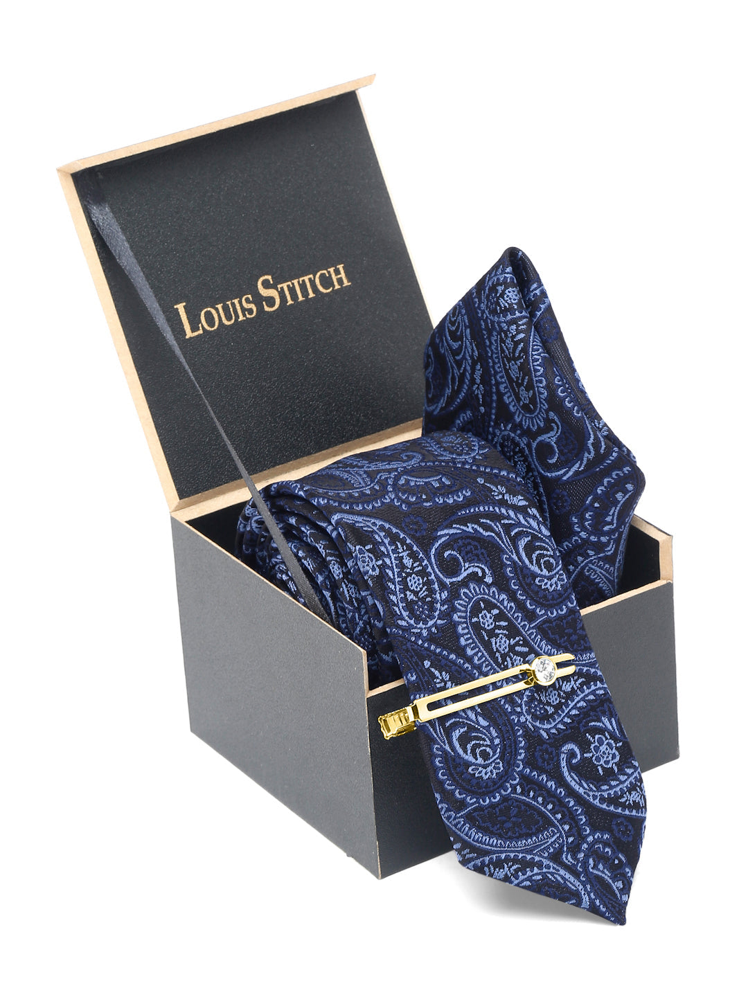 Denim Blue Luxury Italian Silk Necktie Set With Pocket Square Gold Tie pin