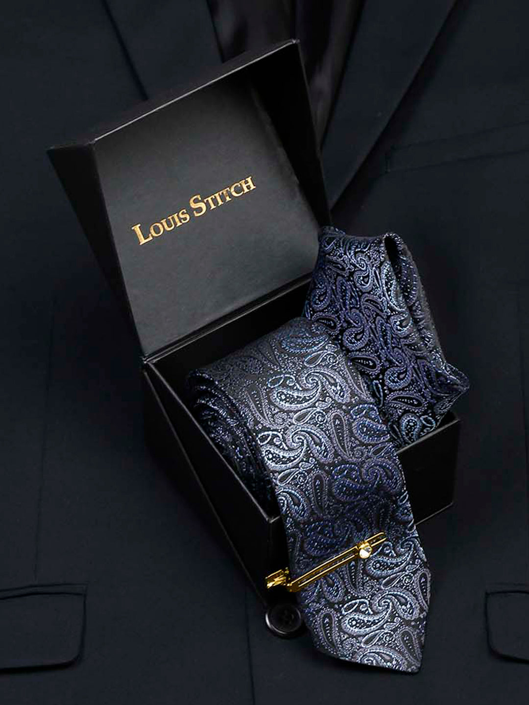 Spruce Blue Luxury Italian Silk Necktie Set With Pocket Square Gold Tie pin