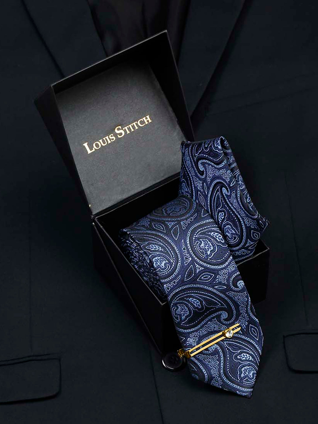 Yale Blue Luxury Italian Silk Necktie Set With Pocket Square Gold Tie pin