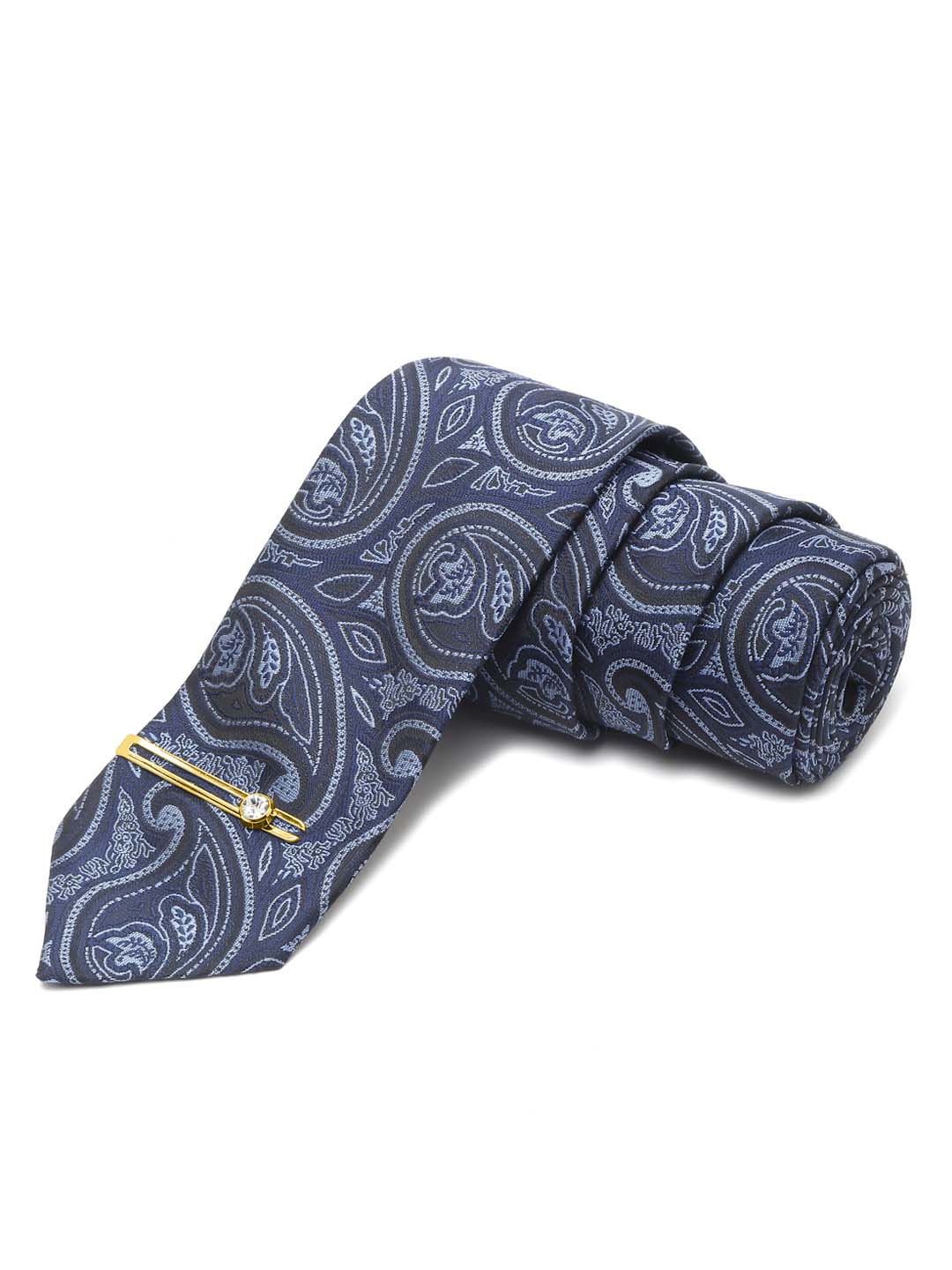 Yale Blue Luxury Italian Silk Necktie Set With Pocket Square Gold Tie pin