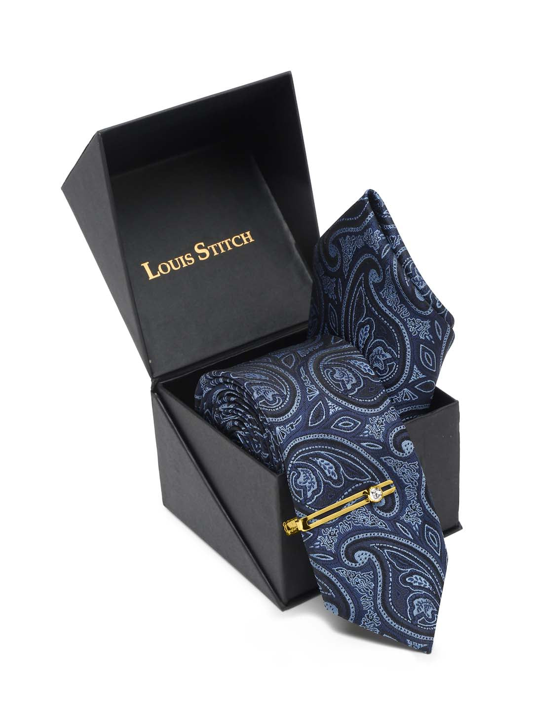 Yale Blue Luxury Italian Silk Necktie Set With Pocket Square Gold Tie pin