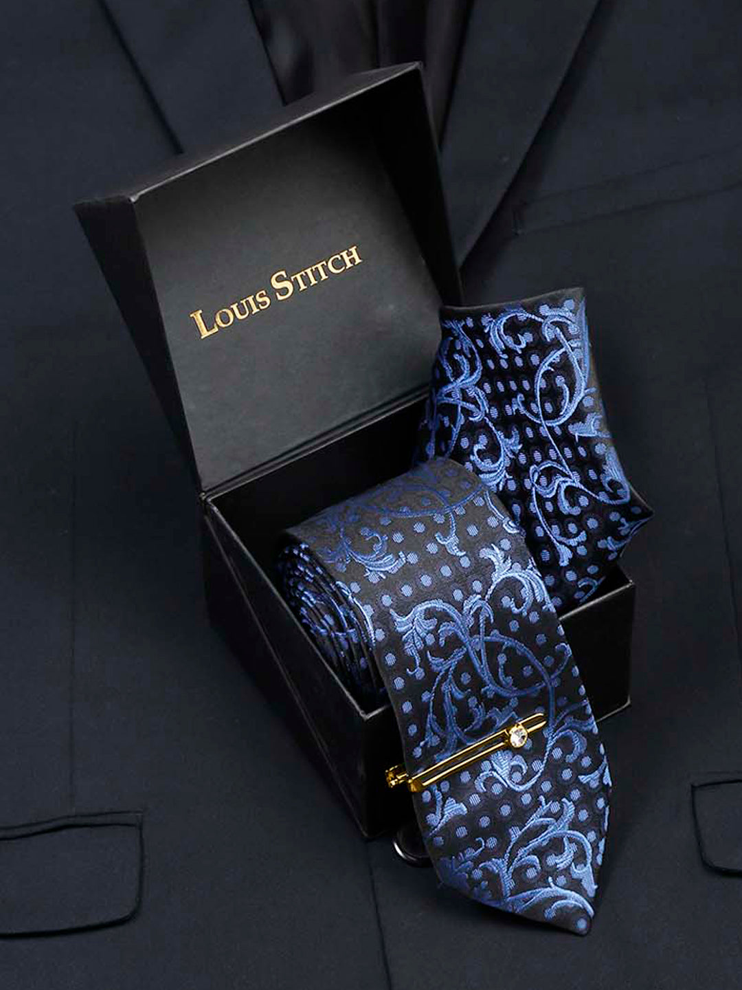 Prussian Blue Luxury Italian Silk Necktie Set With Pocket Square Gold Tie pin