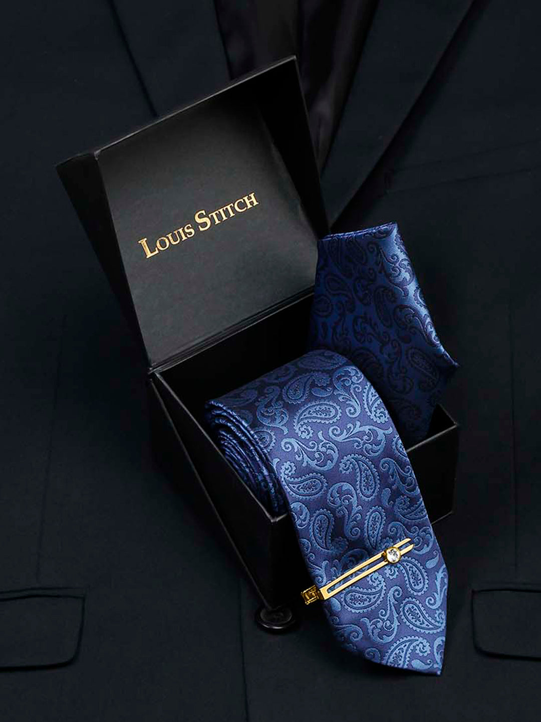 Cobalt Blue Luxury Italian Silk Necktie Set With Pocket Square Gold Tie pin