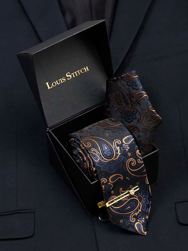  Sapphire Blue Luxury Italian Silk Necktie Set With Pocket Square Gold Tie pin