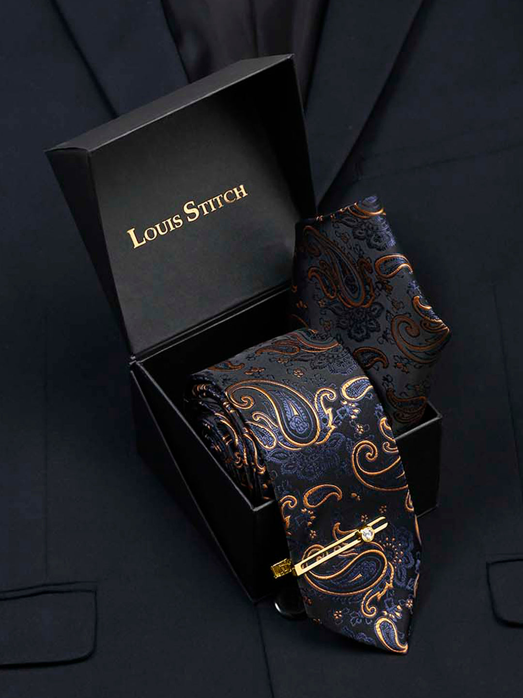 Sapphire Blue Luxury Italian Silk Necktie Set With Pocket Square Gold Tie pin