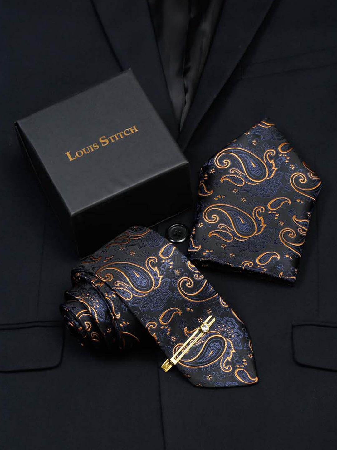 Sapphire Blue Luxury Italian Silk Necktie Set With Pocket Square Gold Tie pin