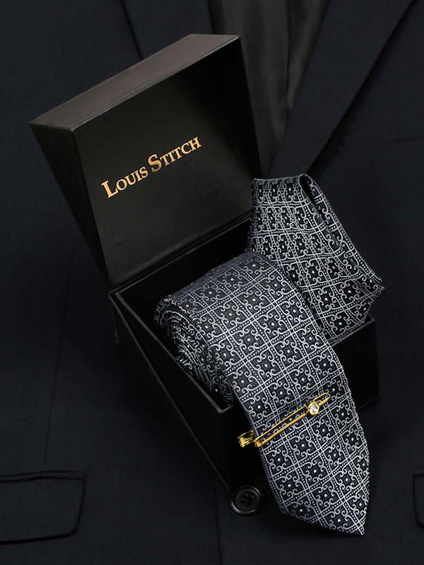  Denim Blue Italian Silk Necktie Set Pocket Square Golden Tiepin